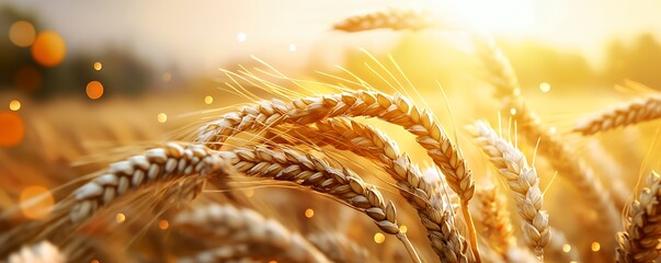 Golden wheat swaying in sunlight, creating a serene, agricultural atmosphere.