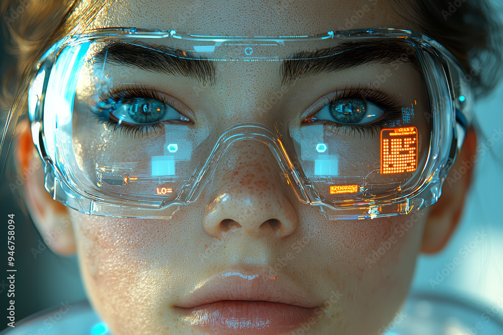 Aufkleber a futuristic wearable tech device with advanced features displayed on a model, illustrating the inno