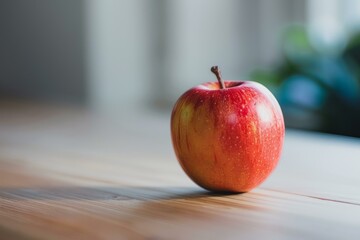 Red apple is sitting on a wooden table with a blurry background