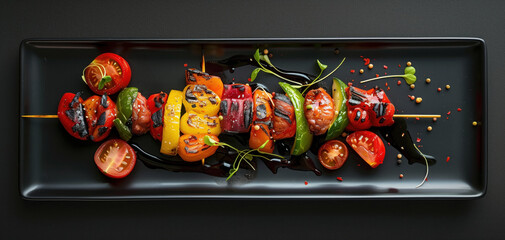 A skewer of vegetables and meat is on a black plate