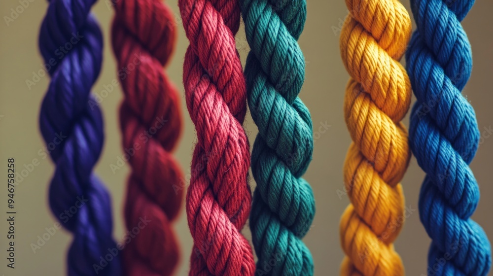 Poster vibrant strands of twisted ropes in various colors stand out in this artistic composition. each rope