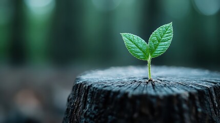 This image captures the hopeful emergence of a young plant sprouting vibrantly from an old tree stump, signifying renewal, growth, and the resilience of nature.