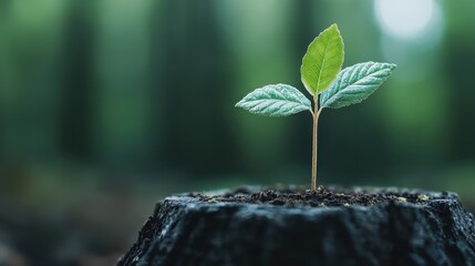 The image portrays the essence of renewal and growth through a young sprouting plant emerging vividly from an old tree stump, representing nature's resilience and strength.