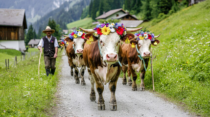 Traditional Almabtrieb Celebration Festive Cows Adorned with Vibrant Flower Crowns Parading Through the Scenic Countryside After a Summer in the Alpine Pastures