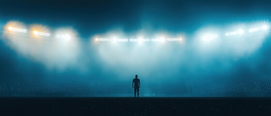 Fototapeta premium Lone Figure Standing in a Foggy Stadium Under Bright Lights