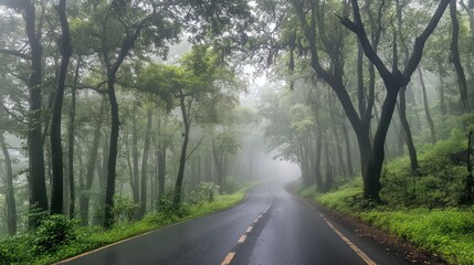 Fototapeta premium Winding Road Through a Foggy Forest