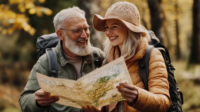 A diverse elderly couple joyfully examines a map as they explore a cultural destination amidst autumn foliage