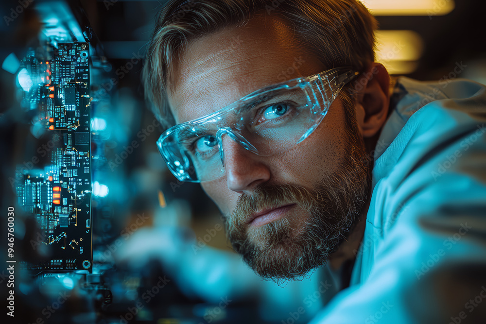 Poster an engineer inspecting a complex circuit board in a high-tech laboratory, demonstrating precision an