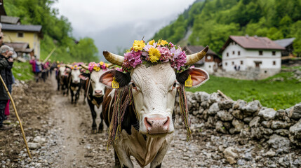 Traditional Almabtrieb Celebration Festive Cows Adorned with Vibrant Flower Crowns Parading Through the Scenic Countryside After a Summer in the Alpine Pastures
