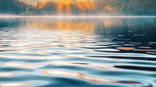 Reflective Ripples on a Calm Lake with a Misty Forest Background