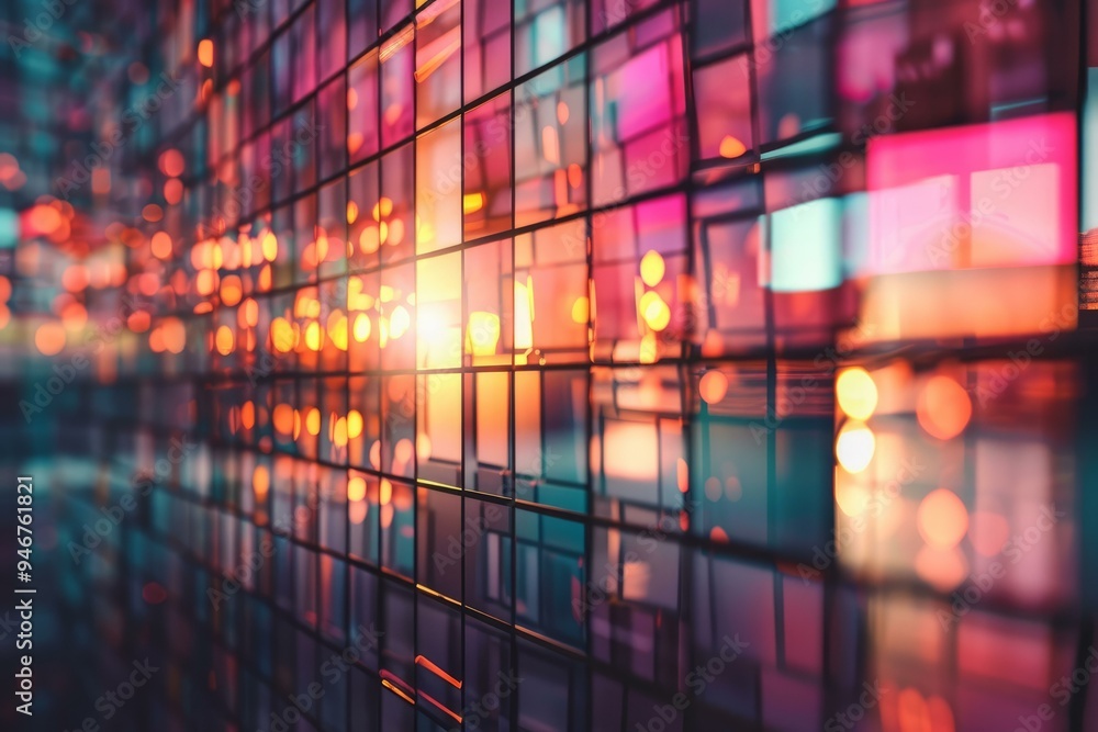 Poster abstract background with glowing grid pattern reflecting light with a warm color palette