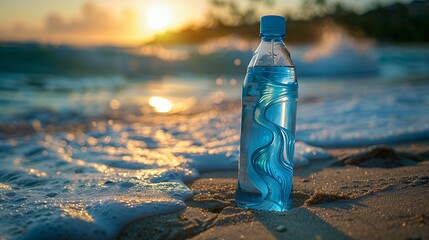 A water bottle on the beach at sunset, highlighting hydration and nature's beauty.