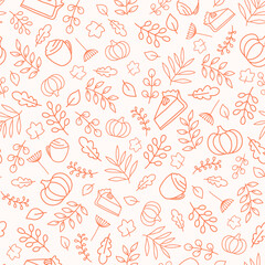 Thanksgiving seamless pattern for warm and cozy season design. Orange outline pumpkin, leaves, pumpkin pie, pumpkin spice latte. Pattern with food, drinks and plants.