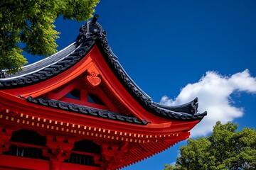 Fototapeta premium Japanese vermillion temple roof set against a clear blue sky, captured in a photo that emphasizes the bold contrast and the elegance of traditional architecture