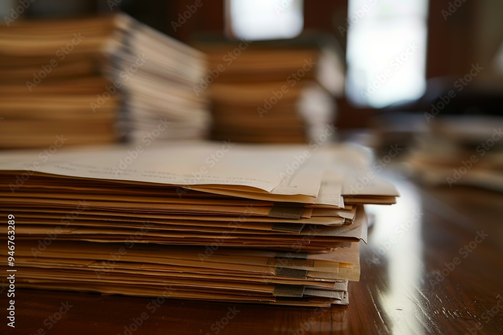 Poster stack of manila folders sitting on a desk with more files out of focus in the background