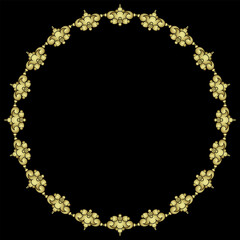 Round frame with stylized flowers. Circular border with floral motifs. Folk style. Golden glossy silhouette on black background.