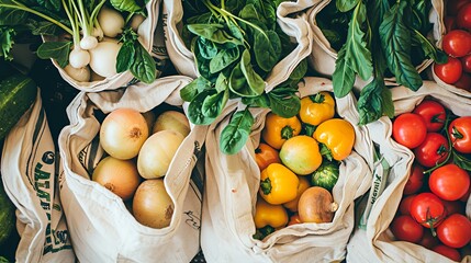 Fresh vegetables and fruits in reusable bags at a market.