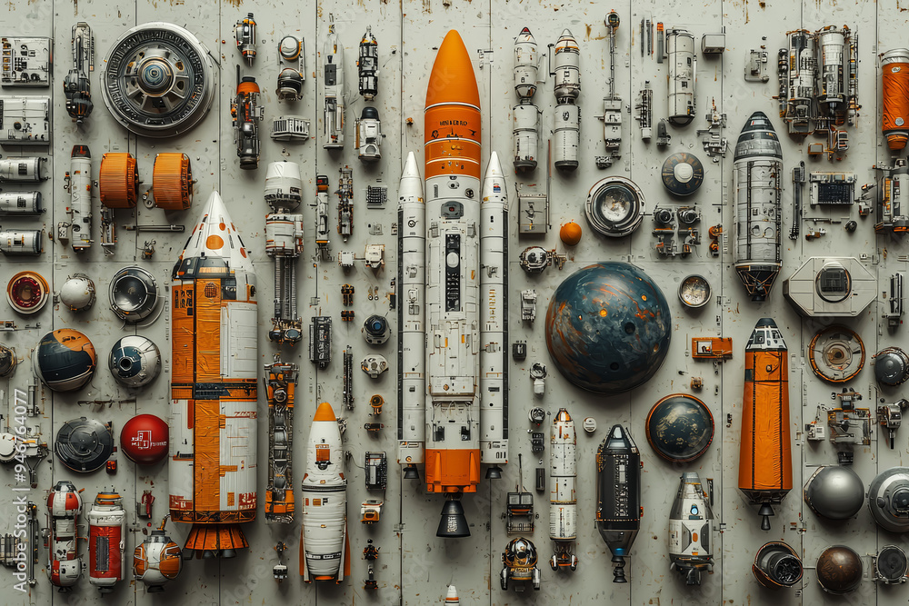 Poster an array of different space probes and rovers displayed together, showcasing the variety of tools us