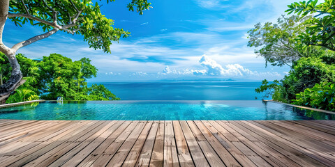 Pool in the villa against the backdrop of the sea