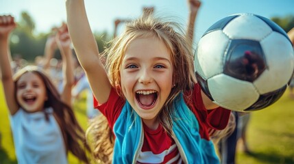 Children celebrate happily on a sunny day at the soccer field, cheering for their teammate with excitement and joy