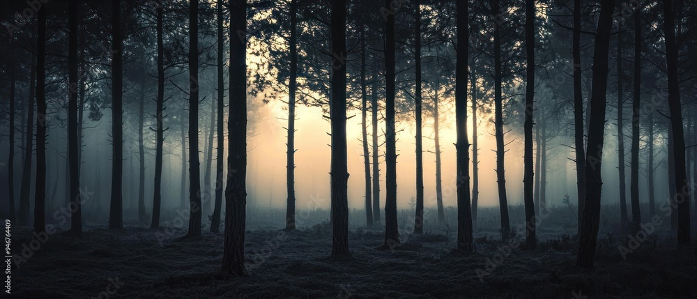 Wall mural Silhouetted Pine Trees in a Misty Forest at Dawn