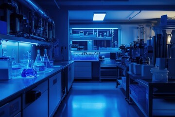 A laboratory with a blue light on the floor, generative ai image