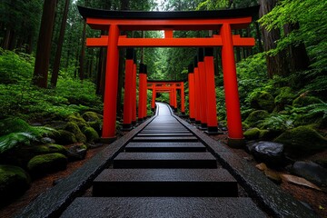 Japanese vermillion torii gates stretching through a peaceful forest path, captured in a photo that highlights their vibrant color against the greenery