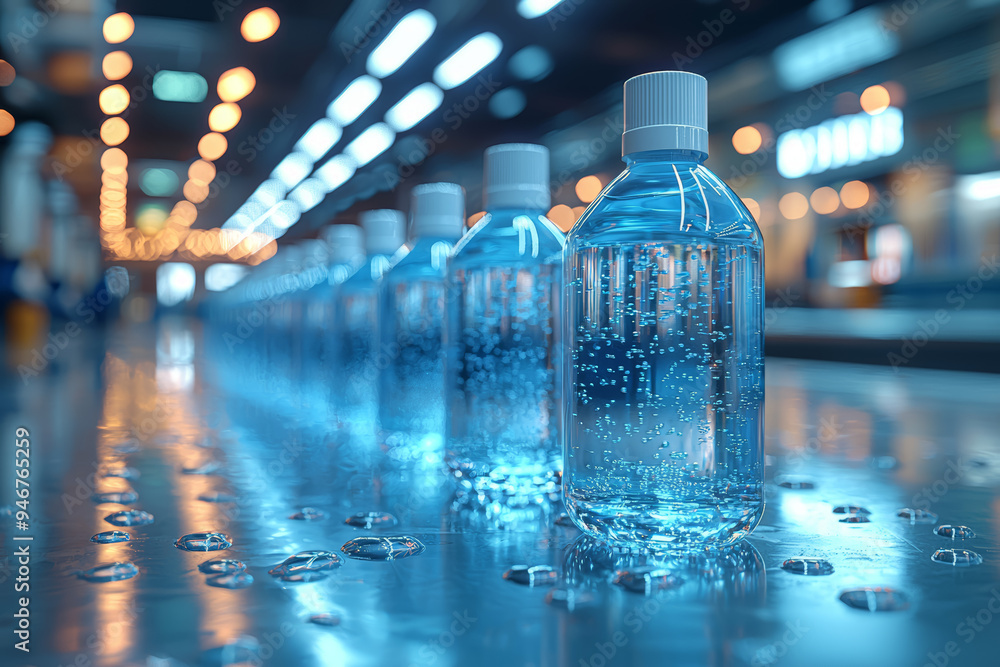 Poster a set of hand sanitizer bottles placed strategically in a public space, illustrating the measures ta