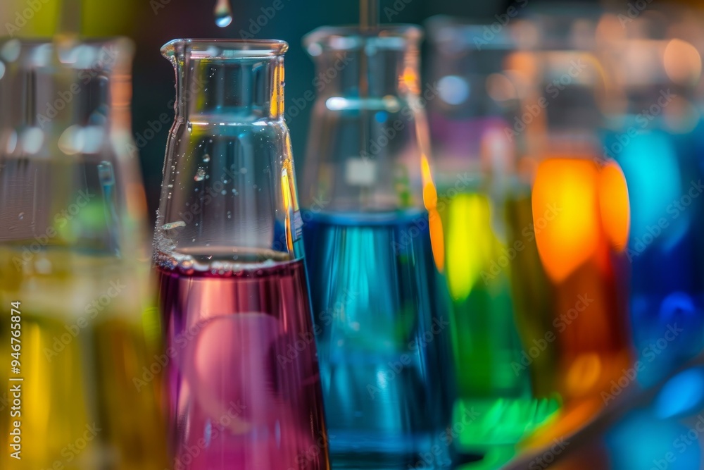 Poster close up of laboratory glassware containing colorful chemical reagents with a scientist adding a rea