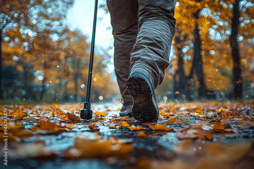 Poster a person using a cane to assist with walking due to mobility issues, reflecting the challenges of co