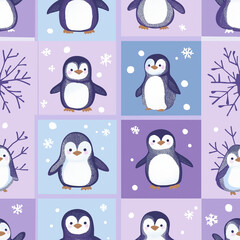 Obraz premium Penguins in a row in purple alternating squares, seamless pattern