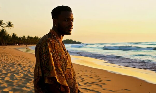 Gambian Man Walking on Beach at Sunset