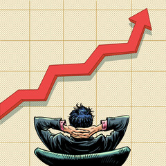 The man put his hands behind his head and watches the graph grow upward. Business success and big profits. Advancement in the career ladder of an office worker. © studiostoks
