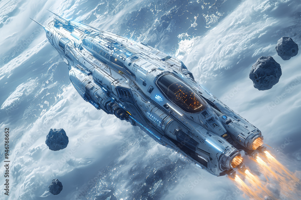 Poster a futuristic spaceship navigating through an asteroid field, illustrating the challenges and techniq
