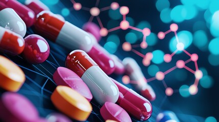 Colorful capsules and pills on a dark background with molecular structure, representing modern medicine and pharmaceutical innovation.