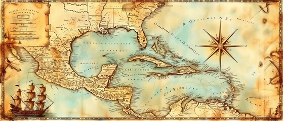 Vector illustration of a vintage map of the Caribbean Sea on worn parchment 