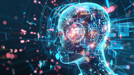 Digital Human Head with AI Circuits and Glowing Neural Networks