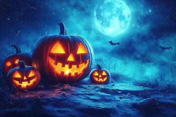 Spooky Halloween Pumpkins Under Full Moon
