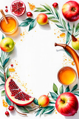 Honey jar, pomegranates, apples, shofar hand painted with watercolor. Traditional treats for Jewish holiday Rosh Hashanah
