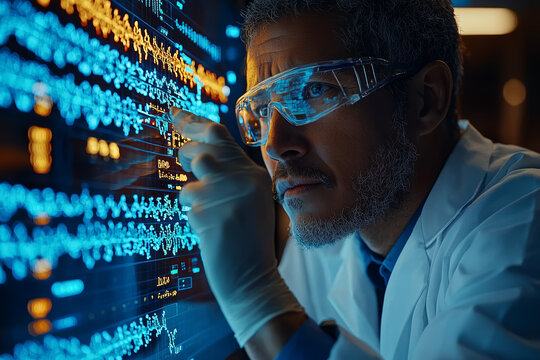 A close-up of a medical researcher analyzing viral RNA on a laboratory workstation, showcasing the scientific techniques used in studying viral genomes.