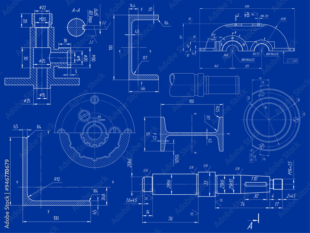 Poster vector engineering drawing of steel mechanical parts with through holes and dimension lines. industr
