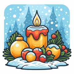 Christmas and New Year greeting card with candles and balls. Vector illustration