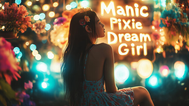 Manic Pixie Dream Girl social media meme in dating. Quirky girl against neon lights and bokeh at night