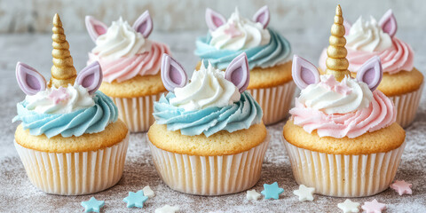 Pastel unicorn themed cupcakes. Biscuit muffins with whipped cream and unicorn horn. Background with copy space