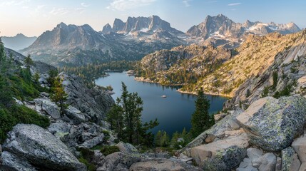 Mountain Lake Surrounded by Jagged Peaks and Rocky Terrain