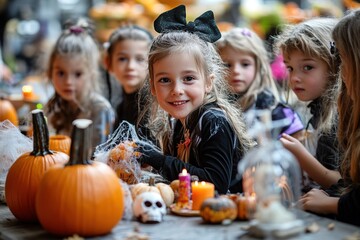 Fototapeta premium Kids trick or treat in Halloween costume. Happy Halloween. three running kids with a basket for sweets
