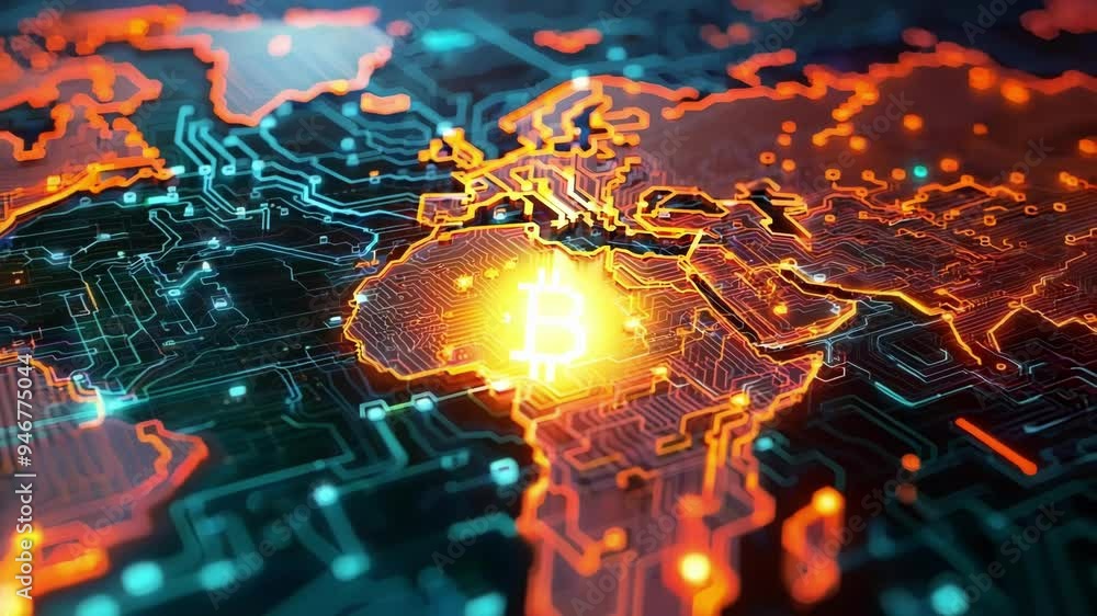 Aufkleber orange glowing world map forming over a circuit board with bokeh effect in background, suggesting gl