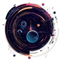 Fototapeta premium Abstract cosmic illustration featuring planets, stars, and swirling patterns in a dark space theme.