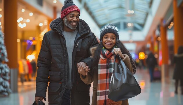 Father and daughter, stylish winter fashion, holding bags, walking in mall, confident smiles, upscale atmosphere, harmonious style.