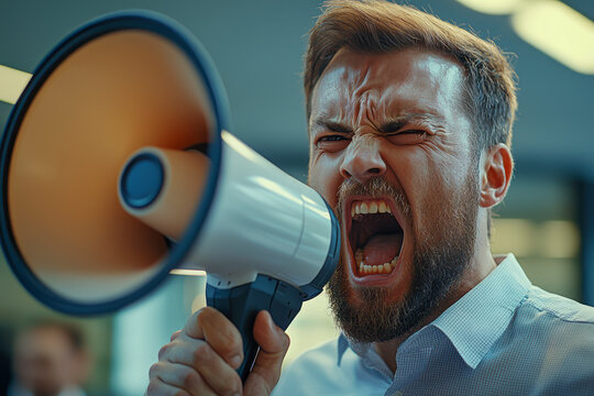Furious CEO berates employee with megaphone in intense office confrontation. Tension, conflict, and workplace pressure depicted in close-up shot.